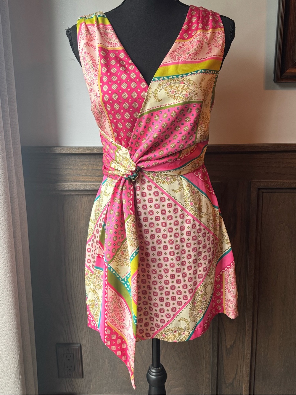 Zara Pink patchwork Multi-Print Knot-Front Sleeveless Dress small